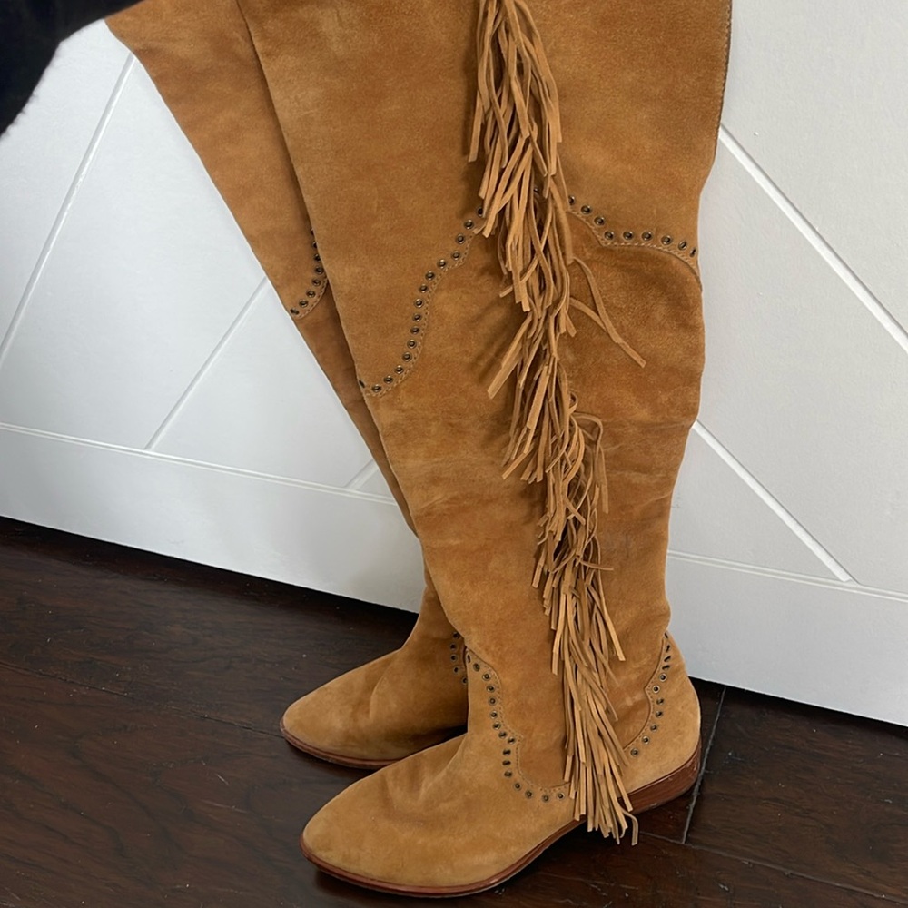 Frye knee high fringe boot